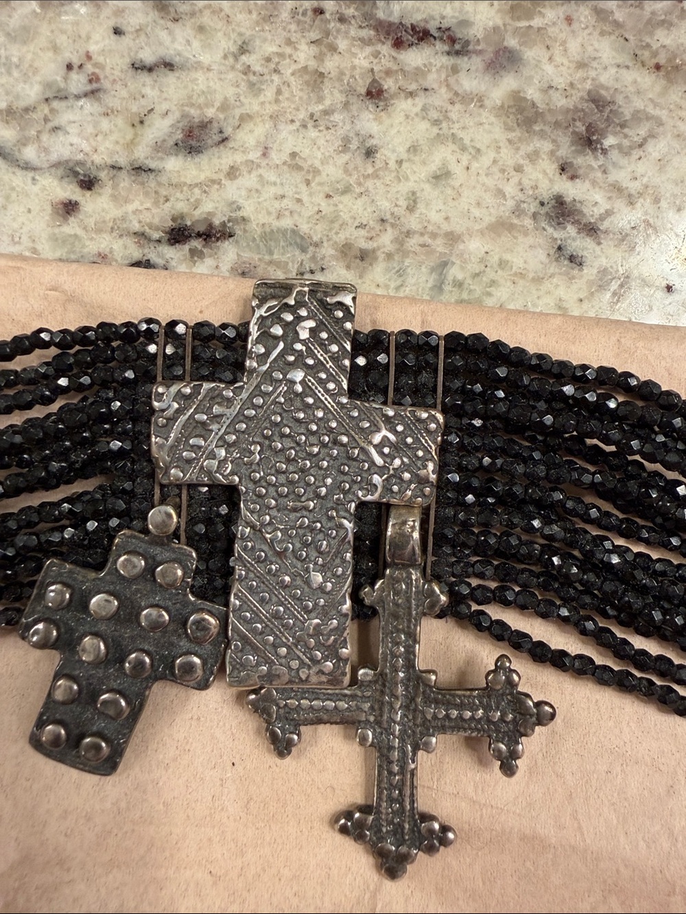 Multi-Strand Black stones with sterling silver Cross Charms - Picture 4 of 7